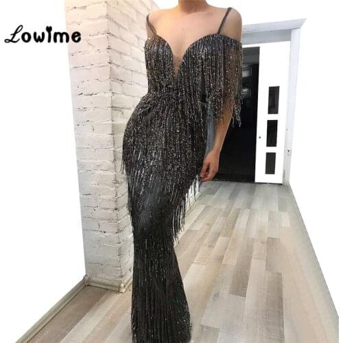 Tassel Beaded Abendkleider Luxury Black Evening Dresses Muslim Mermaid Prom Dress Vestido De Festa Arabic Dubai Aibye Party Gown