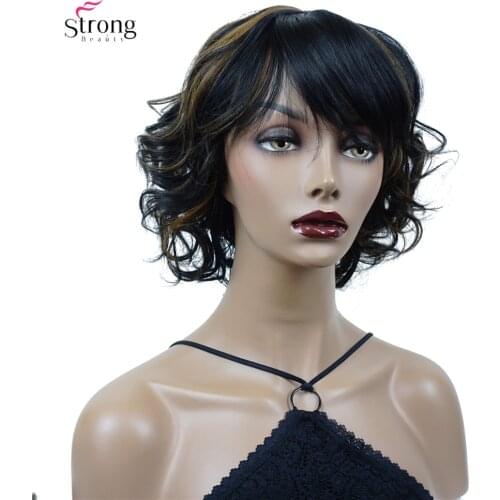 StrongBeauty Synthetic Wig Short Curly Hairstyle Black with Blonde Highlights Wigs for Women