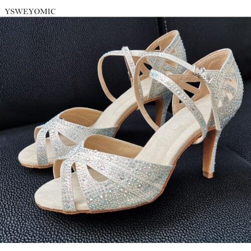 Silver Glitter Rhinestones Latin Ballroom Dance Shoes in Thicker Insole High Quality made Professional Training Salsa Dance Shoe