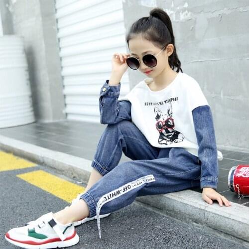 Spring Autumn Kids Tracksuit Girls Costume Childrens Clothing Patchwork Cartoon Top + Jeans Boutique For Baby Two Piece Set