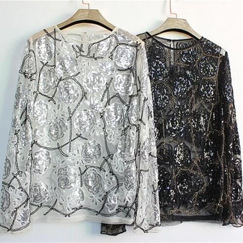 Lace Blouse Womens Fashion Loose Mesh Sequins Beading Embroidery Pullovers Blouse Tops