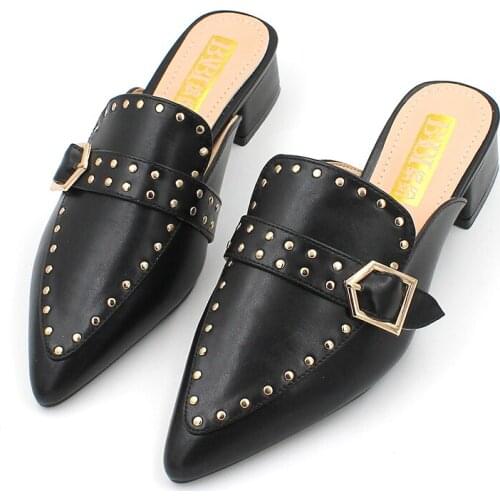 Rivet Mules Shoes Women Low Heel Slippers Sexy Pointed Toe Flat Shoes 2021 Summer Luxury Black White Slides Women Slippers