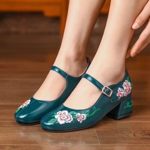 Womens Genuine Leather Embroidery Floral Block Heel Pumps Shoes Chinese Ethnic Style Luxury Plus Size New 2021