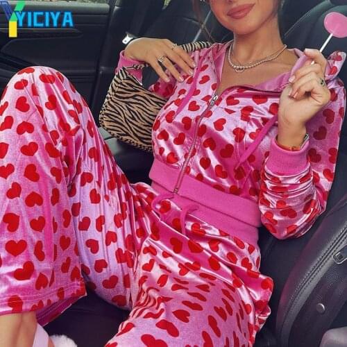 Y2k Tracksuit Velvet 2 Piece Set Women Zipper Up Heart Printed Pink Sweatshirt+Straight-leg Pant Women Spring/Fall Velour Suit