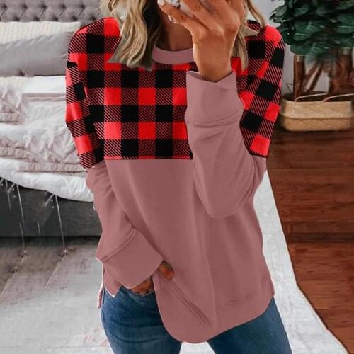 2020 Womens Sweatshirt Red Plaid Patchwork Pullovers For Women Long Sleeve Round Collar Sweatshirts Loose Ladies Fall Clothing