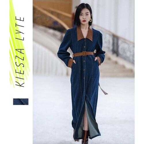 Womens Denim Dress 2021 Autumn New Vintage Pu Patchwork Belt Lady Jeans Dresses Elegant Female Vestidos Runway Fashion
