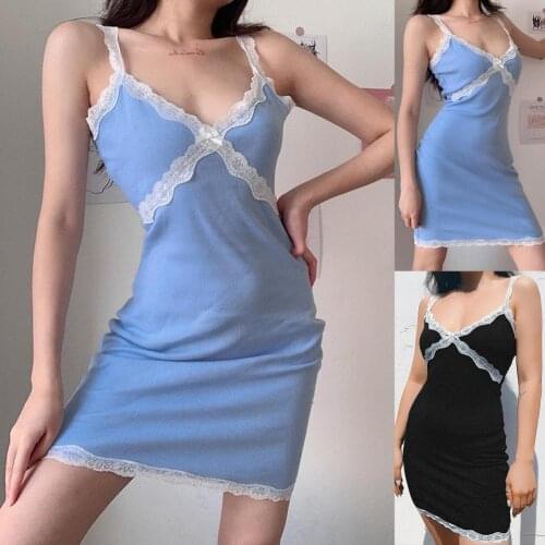 Women Sexy V Neck Dress Slim Solid Color Sleeveless Backless Lace Short Sling Dress robe femme vestido de mujer платье летнее