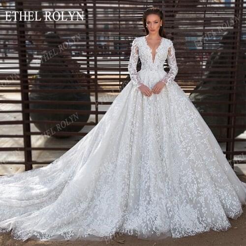 ETHEL ROLYN Princess Wedding Dress 2021 Glamorous Long Sleeve V-Neck Beading Lace Appliques Bride Dresses A-Line Bridal Gowns