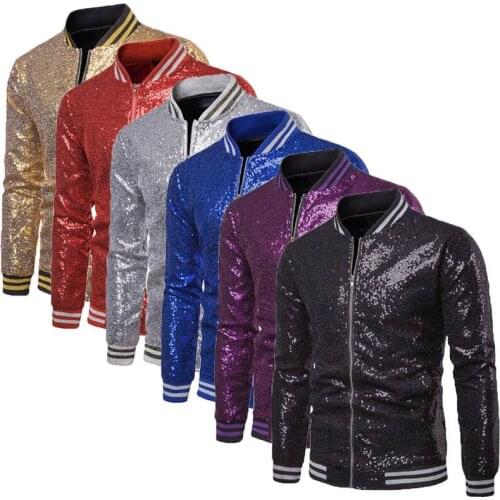 Winter Autumen 2018 Men Baseball Coat Jacket Zipper Outwear Sequined Overcoat Evening Party Stage S-XXL