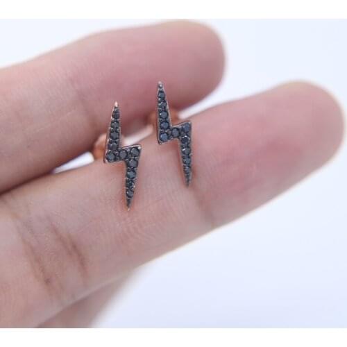 100% 925 sterling silver mini small second stud summer flash lightning studs paved black cz minimal delicate earring