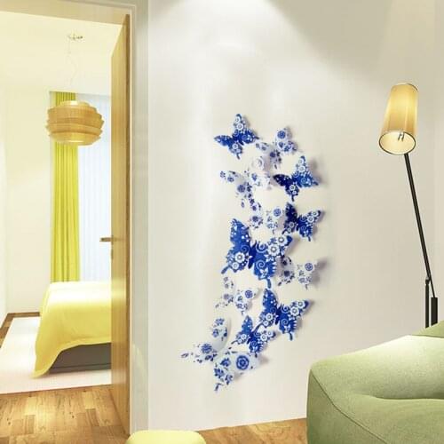 12Pcs Creative Blue and porcelain PVC Butterfly Wall Stickers For Childrens Room Decoration Background Decoration