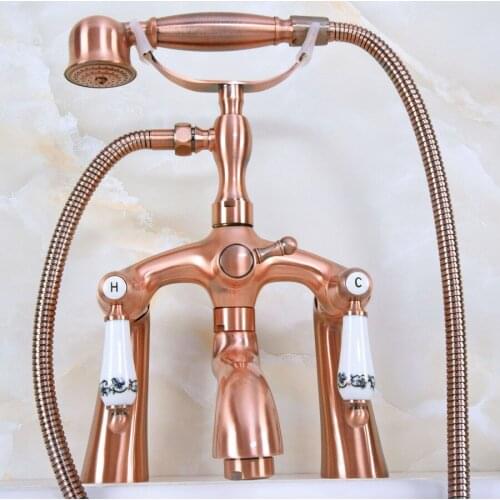 Bathroom Antique Red Copper Deck Mounted Bathroom Tub Faucet W/ Hand Shower Sprayer Tub Faucet Hot And Cold Water zna167
