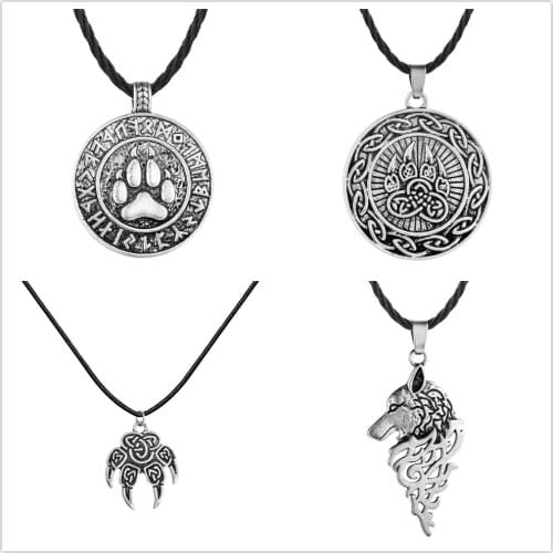 Antiquing Viking Runes Talisman Jewelry Slavic Veles Symbol Kolovrat Pendant Wolf Bear Paw Amulet Necklace Men Pagan