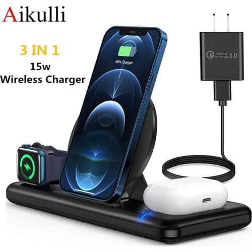 Aikulli Wireless Charger 3 in 1 Fast Wireless Charging Stand for iPhone 12 11 XR XS X 8 Apple Watch 6 5 4 3 2 Airpods Pro Charge