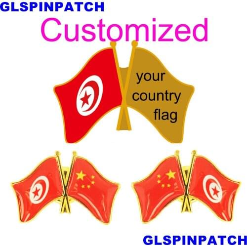 Tunisia Crossed Friendship Flag Double Country lapel pin Brooch USA UK France Chile Russia Saudi Arabia Japan Spain Badge