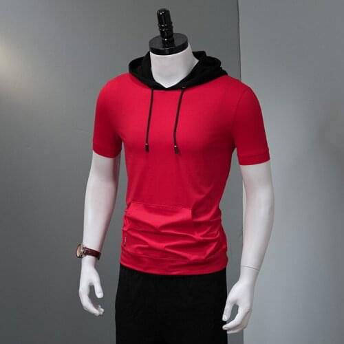 Men Patchwork Hooded T-Shirt Cotton Pullover Hoodie Short Sleeve Pocket Tshirt Summer Fashion Clothing