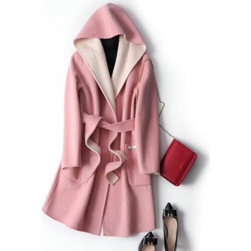 Hooded Double-Faced Cashmere Coat Women Windbreaker Mid-Length Belt Wool Jacket New Winter Coat Female Clothing Outerwear