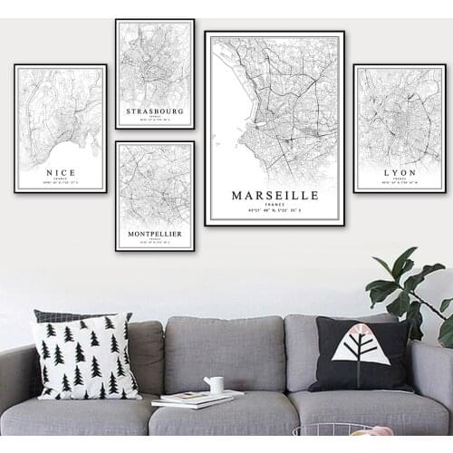 France Paris City Map Lyon Marseille Montpellier Strasbourg Toulouse Lautrec Poster Canvas Prints Home Interior DecorationBlack