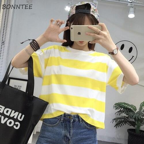 T-shirts Women Striped O-Neck All-match Trendy Korean Style Loose Casual Womens Clothing Short Sleeve Simple Students Daily Chic