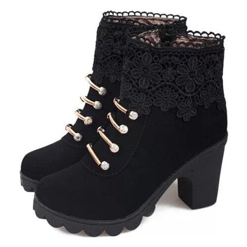 HEE GRAND 2016 Women Boots Fashion PU Leather Round Toe Ankle Boots Sexy Lace Ladies High Heels Platform Shoes Woman Size 35-40