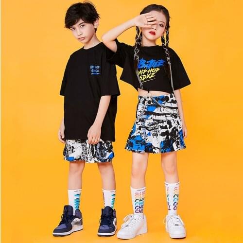 Girls Cheerleading Dance Costume Boys Hip Hop Clothes Sport Wear Black T Shirts Drum Street Dancing Clothes Rave Outfit DNV15121