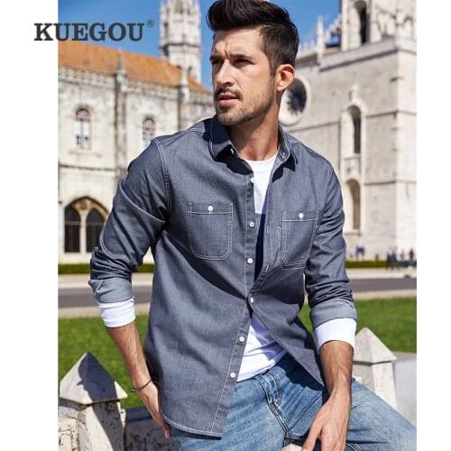 KUEGOU 2020 Autumn Cotton Letter Blue Shirt Men Dress Button Casual Slim Fit Long Sleeve For Male Brand Plus Size Clothing 6957