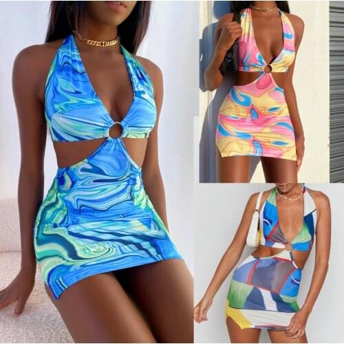 Summer Women Female Geometric Pattern Print V-Neck Sleeveless Halterneck Sundress Dress for Women Clubwear Sexy Outfits Set