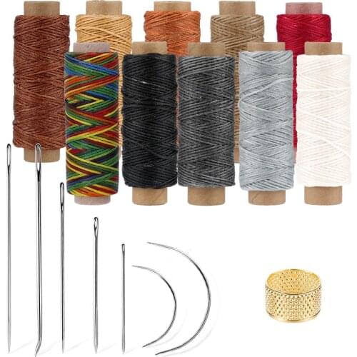 LMDZ Leather Sewing Thread Needle Kit 50m Waxed Flat Thread and 7Pcs Stitching Needles with Straight and Bent Tip and Thimble