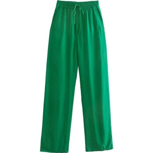 Fashion Green Womens Casual Long Pants Vintage Style High Street Cotton Trousers Loose Elastic Waistband Women Straight Pants