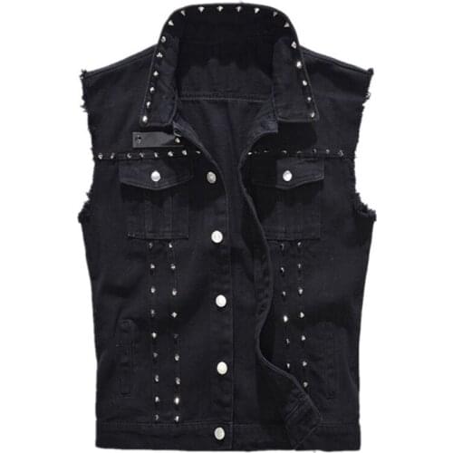 Mcikkny High Street Men Denim Vest Punk Style Rivet Jeans Waistcoat Plus Size M-5XL Male Motorcycle Sleeveless Jean Jacket Black