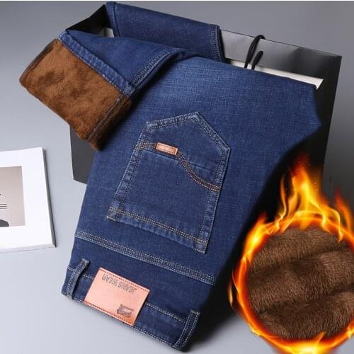 2021 New Men Fashion Winter Jeans Men Black Color Slim Fit Stretch Thick Velvet Pants Warm Jeans Casual Fleece Trousers Male