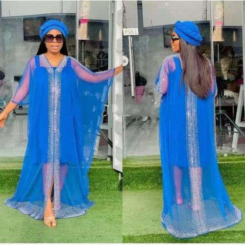 New African Dashiki Womens Fashion Abaya Stylish Tulle Fabrics Hot Drilling Loose Long Dress Free Size + Inside