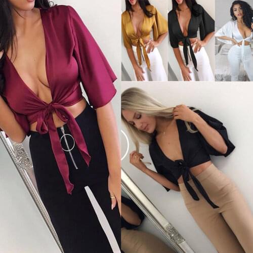 New Womens Satin Silk Tie Knot Crop Top Ladies Front Flared Sleeve Plunge Neck Shirts