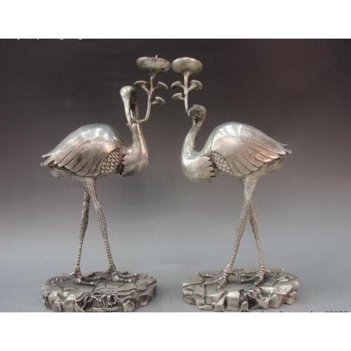 Chinese Folk White Bronze Silver Red-crowned Crane Candlestick Candle Holder