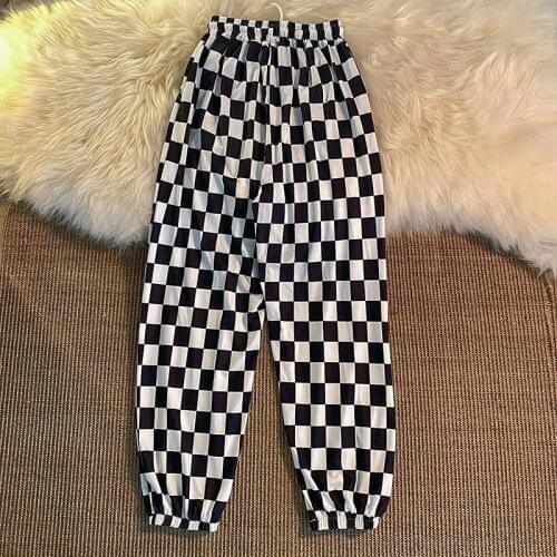 Harajuku Plaid Checkerboard Casual Harem Pants Women High Elastic Waist Drawstring Summer Thin All Mtach Trousers Korean Style