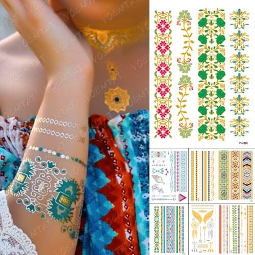 Waterproof Temporary Tattoo Stickers Metal Gold Red Green Henna Bracelet Mandala Flower Flash Tatto Woman Body Art Fake Tatoo
