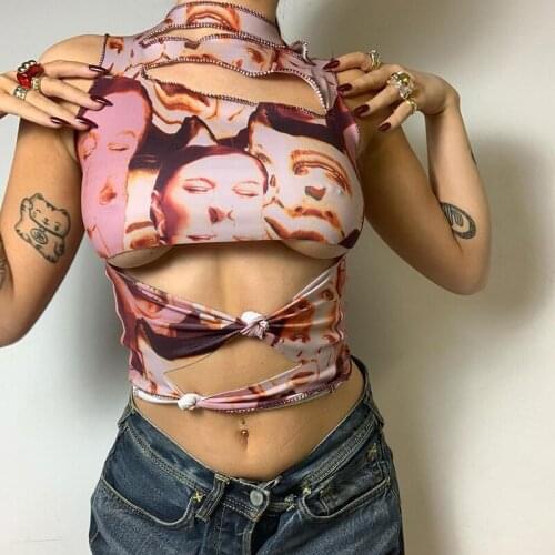Gothic Punk Style Women Tank Tops Y2K Aesthetic Bodycon Hollow Out Sexy Crop Top Summer Graphic Print Vest E-girl Streetwear