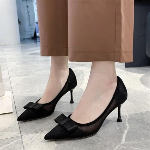 2020 autumn wild new small fresh female bow single shoes high heels fine heel pointed womens shoes