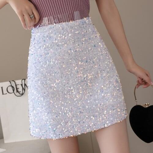 Womens Skirts Shiny Small Skirt Female Gold Sequins Skirt A- line Skirts Moda Mujer 2020 New Spring Package Hip Skirt 910A