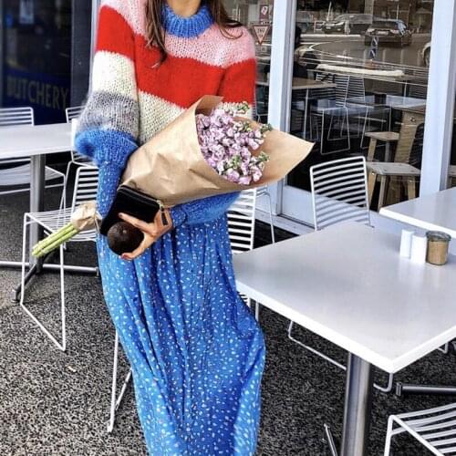 Women Sweater 2020 Fall/Winter Mohair Strap Round Neck Loose Colorblock Striped Sweater