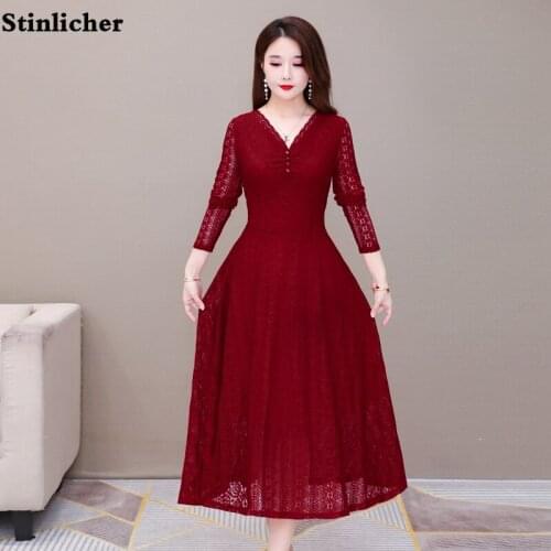 Spring Autumn Vintage Long Sleeve V-neck Hollow Lace Dress Womens Elegant Slim Black Red Long Party Dress Female Robe