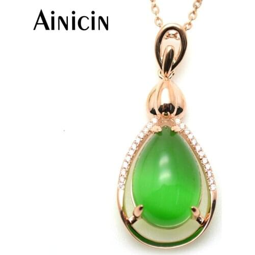 1pc Luxury Fashion Women Jewelry Green Color Cat Eyes Water Drop Shape Pendant Rose Gold Color 18'' Chain Necklace #25