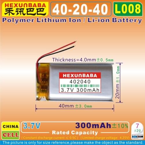 2pcs [L008] 3.7V 280mAh [402040] Polymer lithium ion / Li-ion battery for voice recorder pen,smartband;bluetooth,mp3,smart watch