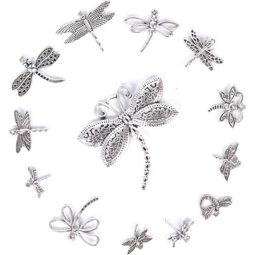 13Pcs/Set Mixed Tibetan Silver Dragonfly Charms Pendants DIY Jewelry Findings