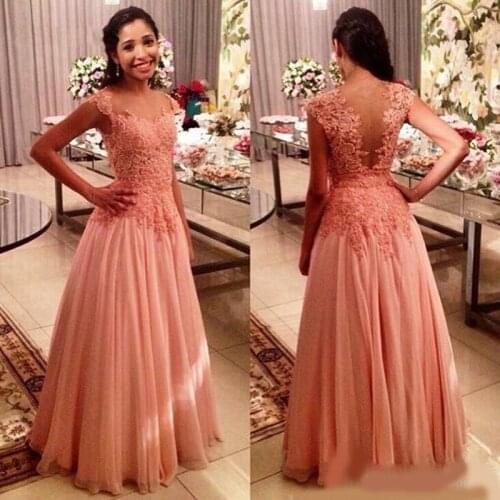 2020 Sexy Sheer Back Capped Sleeves Prom Dresses with Lace Applique Long Chiffon Evening Party Gowns A Line Bride Dress