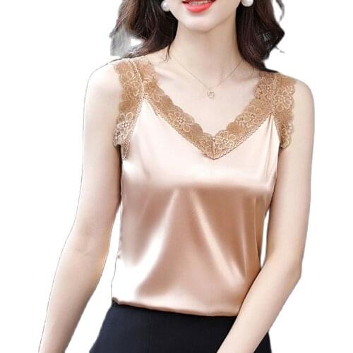 2021 Summer Women Lacey camisole Stretch fabrics Loose V-Neck Satin fabric Female Sleeveless Blouse Oversize Women Shirts