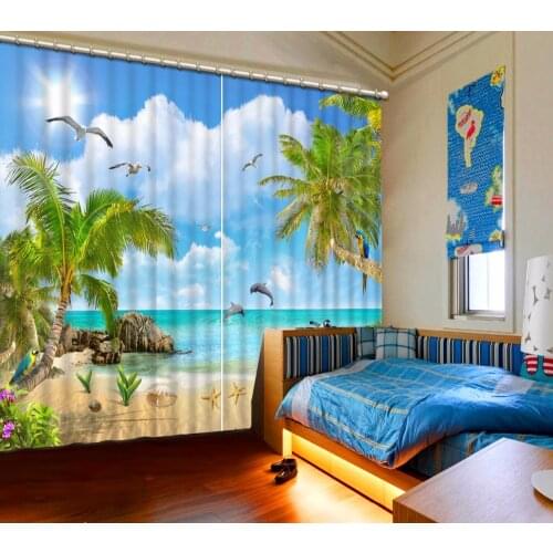 3D Curtain Photo Customize Size Blue Sky White Clouds Sun Beach Dolphin Window Curtain Living Room Blackout Curtain Fabric