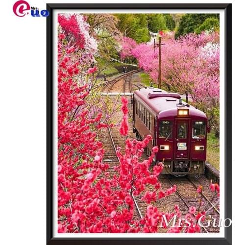 5d Diamond Art Embroidery Train Spring Flower Landscape Mosaic Full Square Rhinestones Diamond Painting Cross Stitch Home Decor