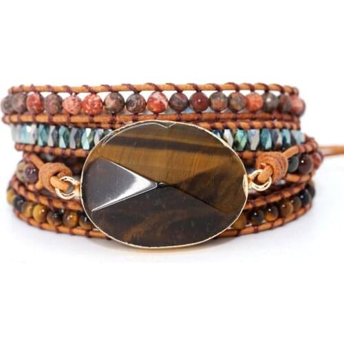 2019 Women Tiger Eye Wrap Bracelets Boho Handmade 5 Strands Multilayers Natural Stones Beads Leather Bracelet