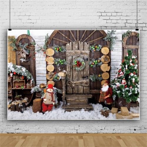 Photo Backdrops Winter Wood Rural Farm Wooden Door Santa Clause Christmas Festivals Snow Gift Party Portrait Photo Backgrounds